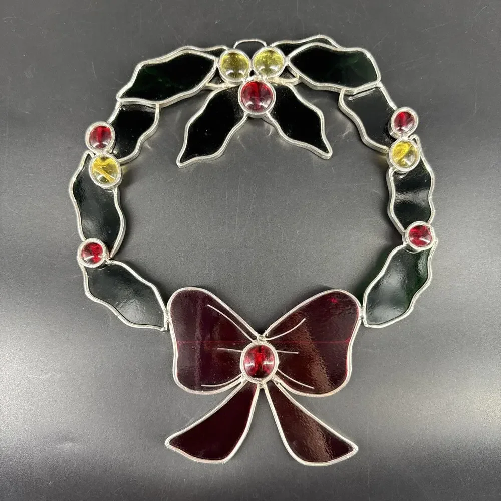 Stained Glass Holly and Berry Christmas Wreath Sun Catcher Holiday Window Decor